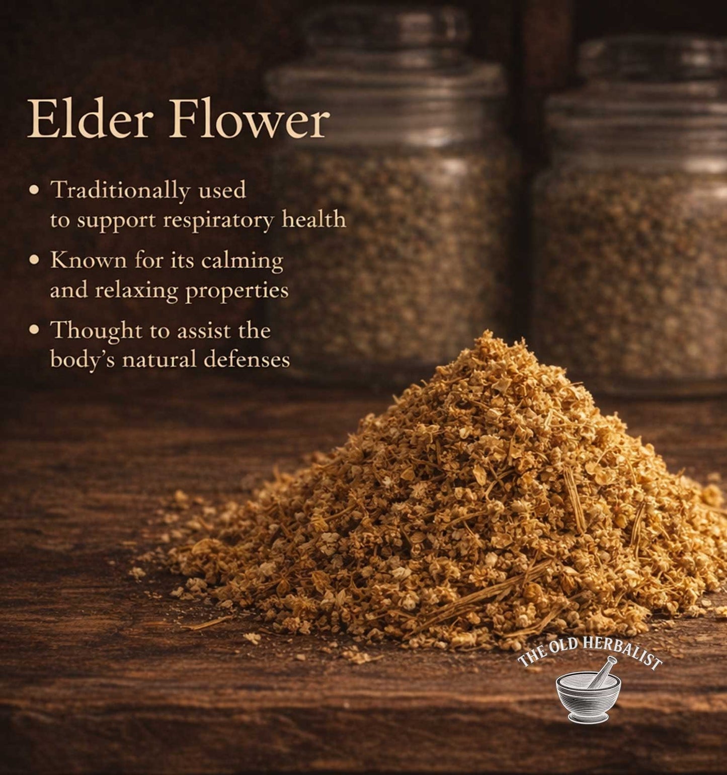 Elder flower powder on a wooden surface with text about its uses and 'The Old Herbalist' branding.