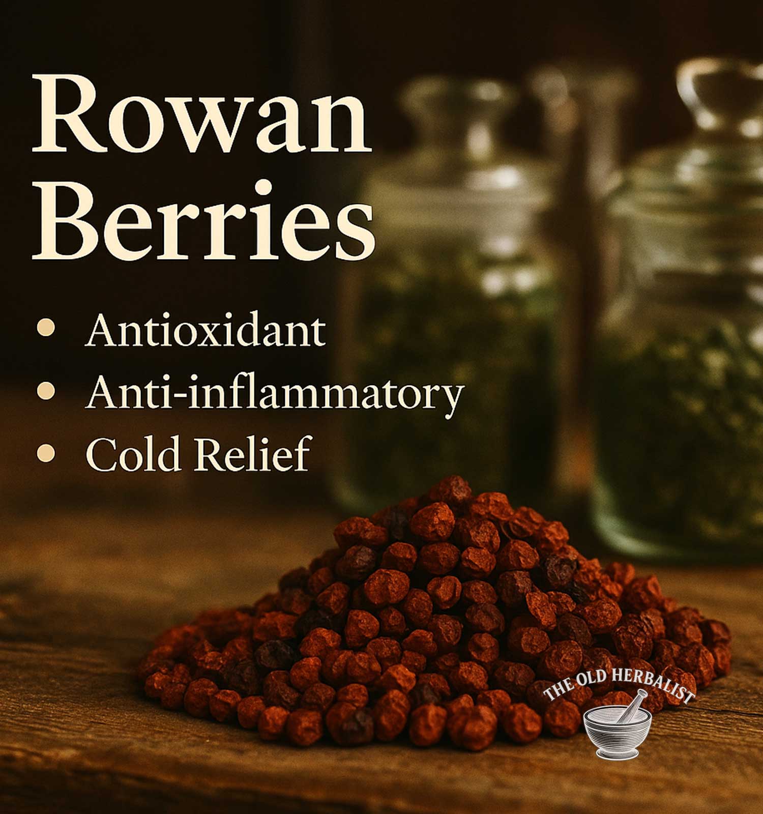Whole dried rowan berries for tea and traditional use.
