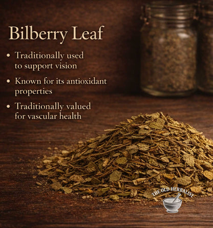 Dried bilberry leaves on a wooden surface with text about their uses.