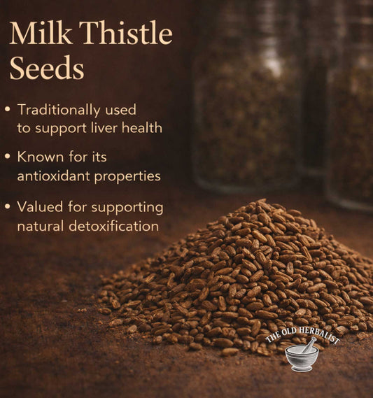 Milk thistle seeds with text about their health benefits on a dark background