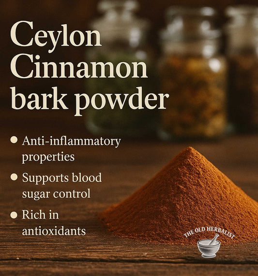 Ceylon cinnamon bark powder with text about its benefits on a wooden surface, branded as 'The Old Herbalist'.