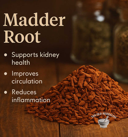 Madder root with health benefits text on a wooden surface, featuring The Old Herbalist logo.
