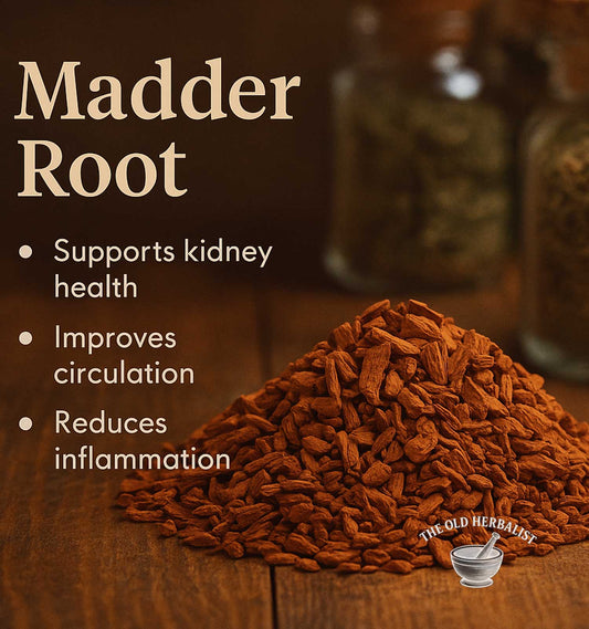 Madder root with health benefits text on a wooden surface, featuring The Old Herbalist logo.
