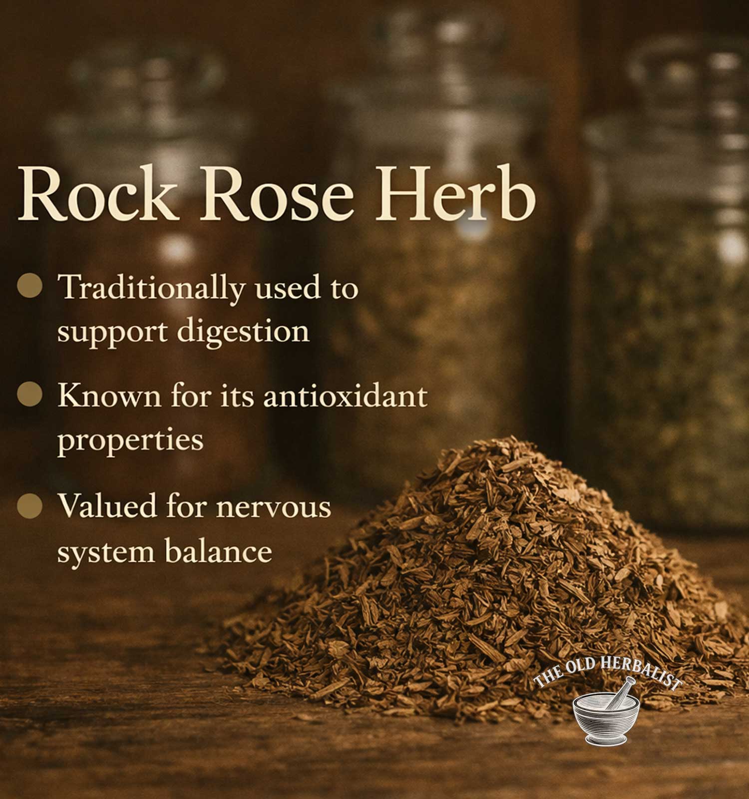 Heap of rock rose herb with text about its uses on a wooden surface.