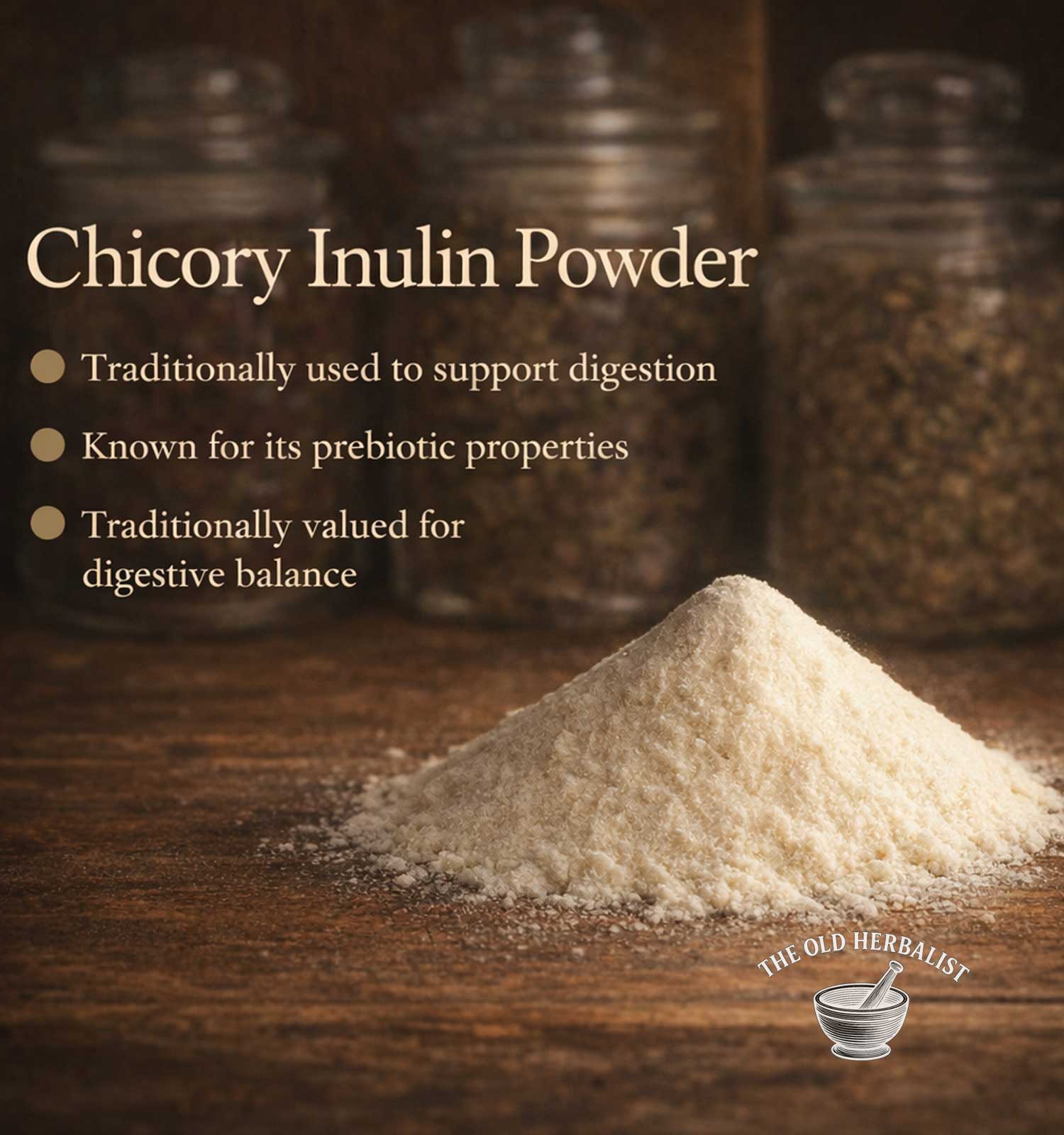 Chicory Inulin Powder with text on a wooden background, featuring The Old Herbalist logo.
