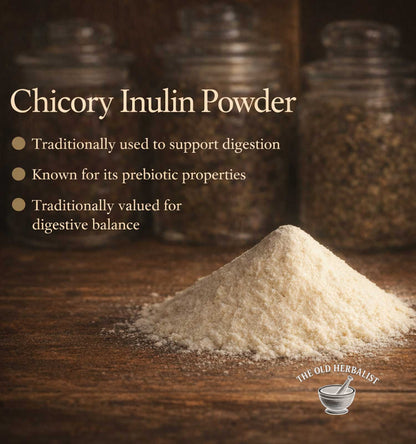 Chicory Inulin Powder with text on a wooden background, featuring The Old Herbalist logo.