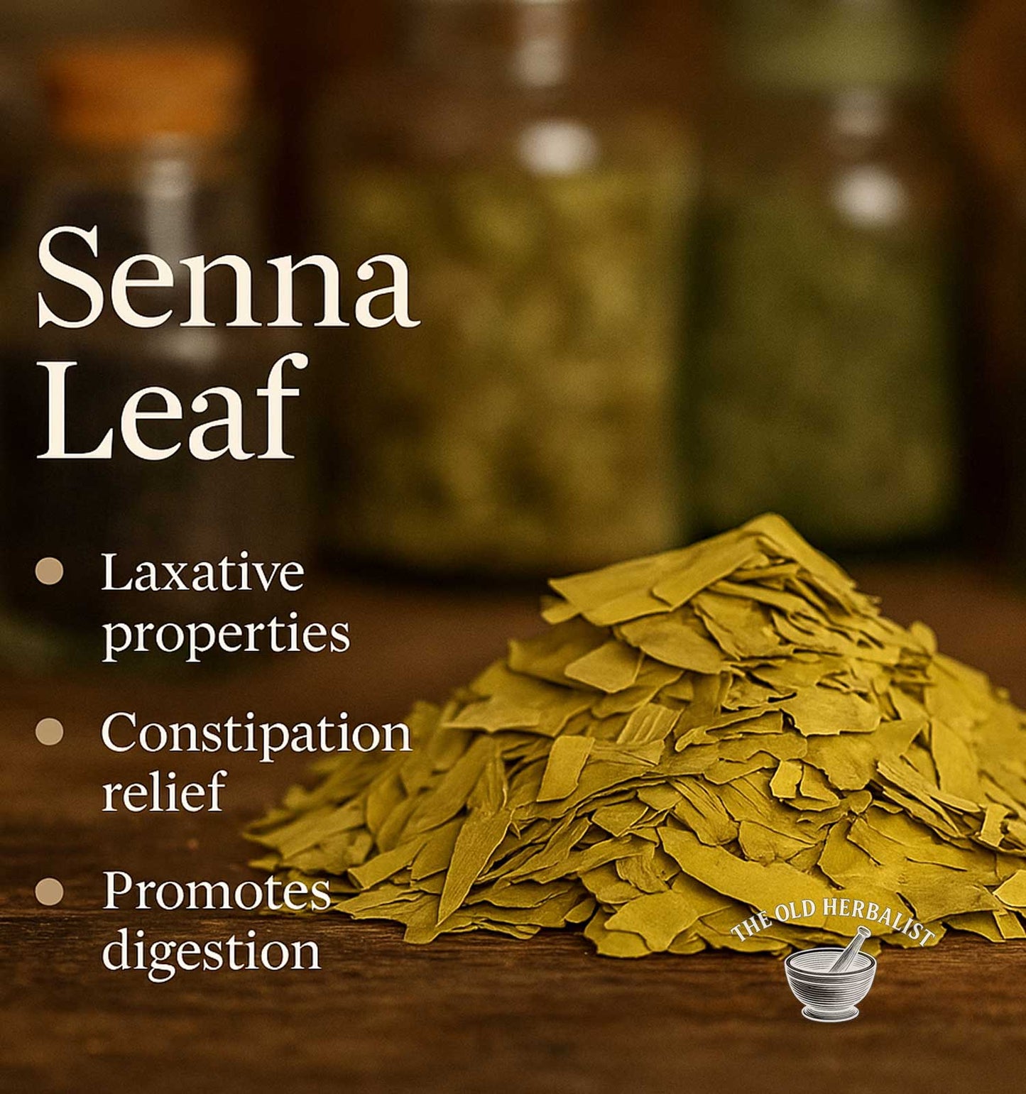 Senna leaf with text on laxative properties and constipation relief on a wooden surface.
