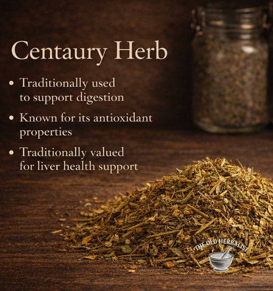 Centaury herb with text on its benefits and a jar in the background