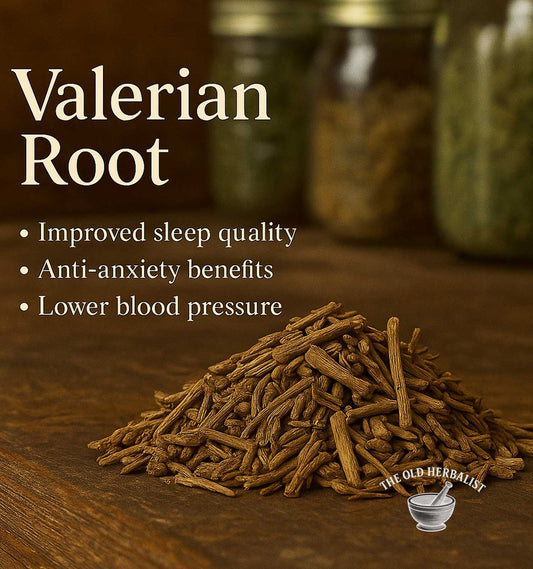 Valerian root on a wooden surface with text about its benefits and The Old Herbalist logo.