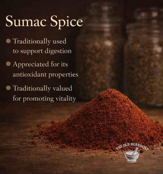 Sumac spice with text about its uses on a wooden surface, featuring The Old Herbalist logo.