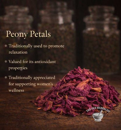 Peony petals with text about their uses and The Old Herbalist branding.