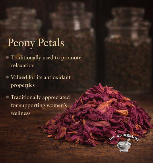Peony petals with text about their uses and The Old Herbalist branding.