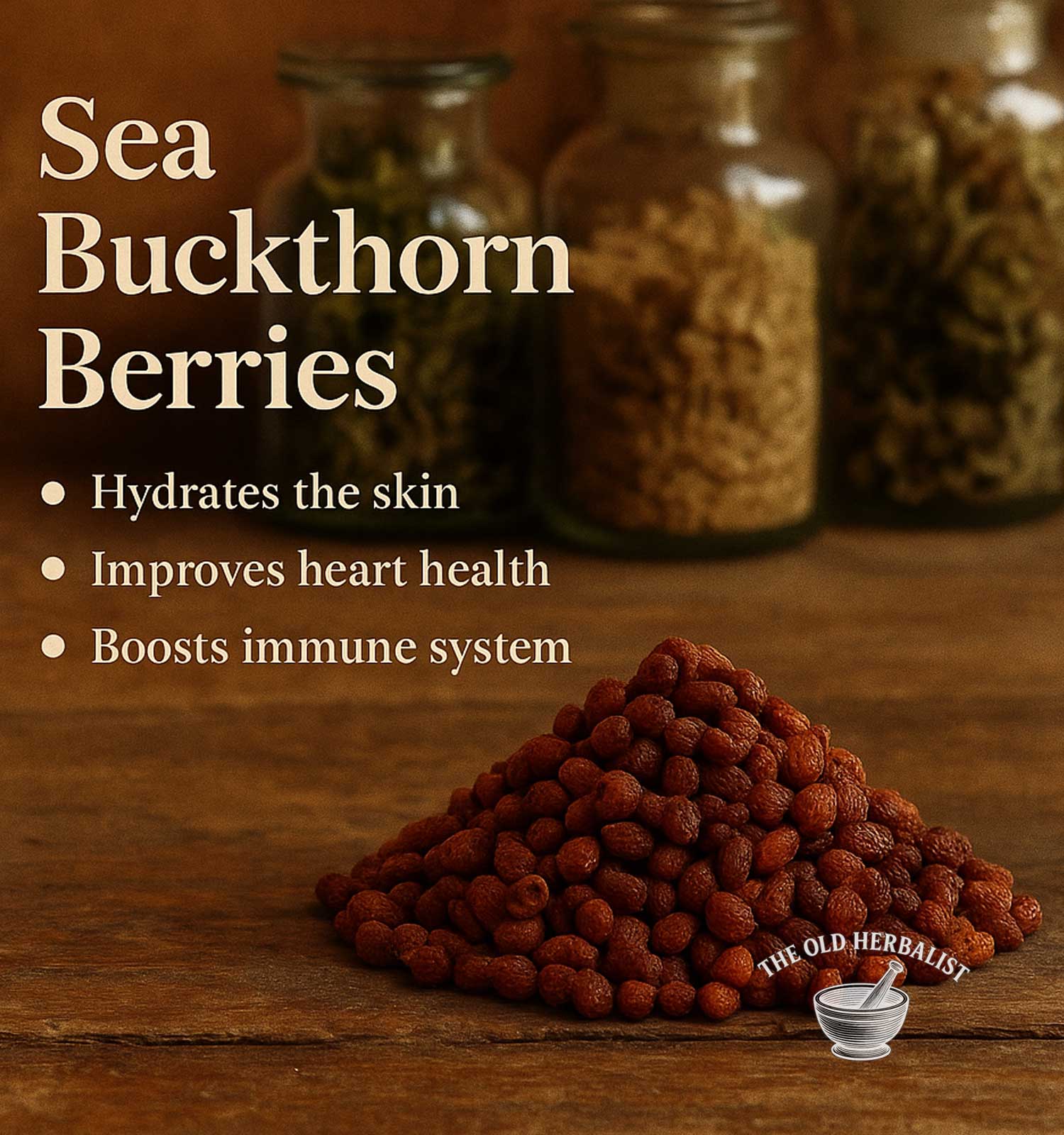 Sea buckthorn berries with health benefits listed on a wooden surface, featuring The Old Herbalist brand.