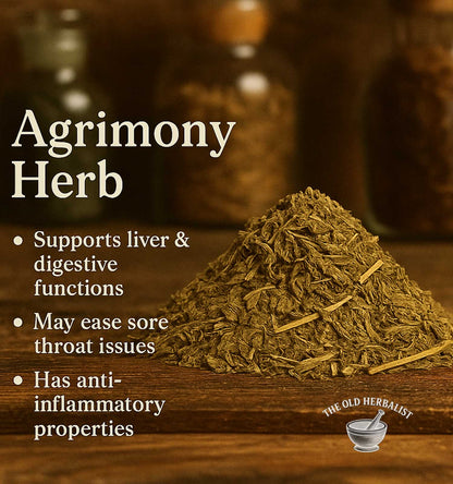Agrimony herb on a wooden surface with text about its benefits and The Old Herbalist logo.