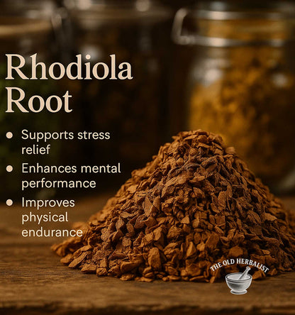 Rhodiola rosea root pieces for tea and herbal wellness.