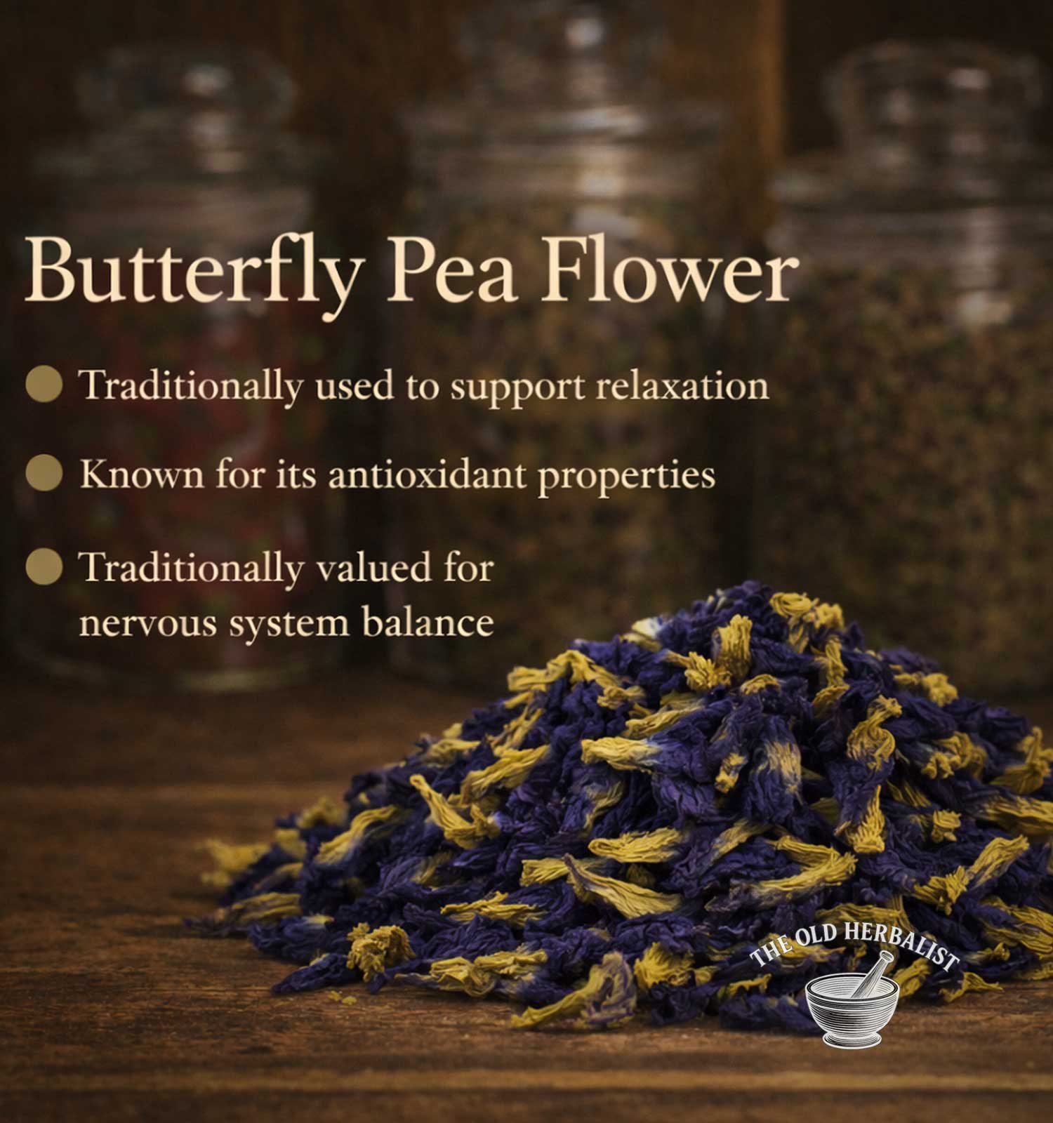 Butterfly pea flower on a wooden surface with text about its uses.