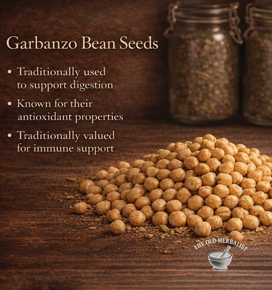 Garbanzo bean seeds on a wooden surface with text about their uses.