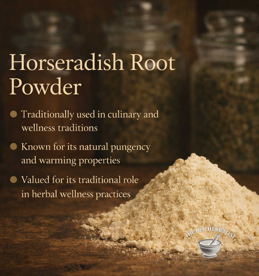 Horseradish root powder with text on a wooden surface, featuring jars in the background.