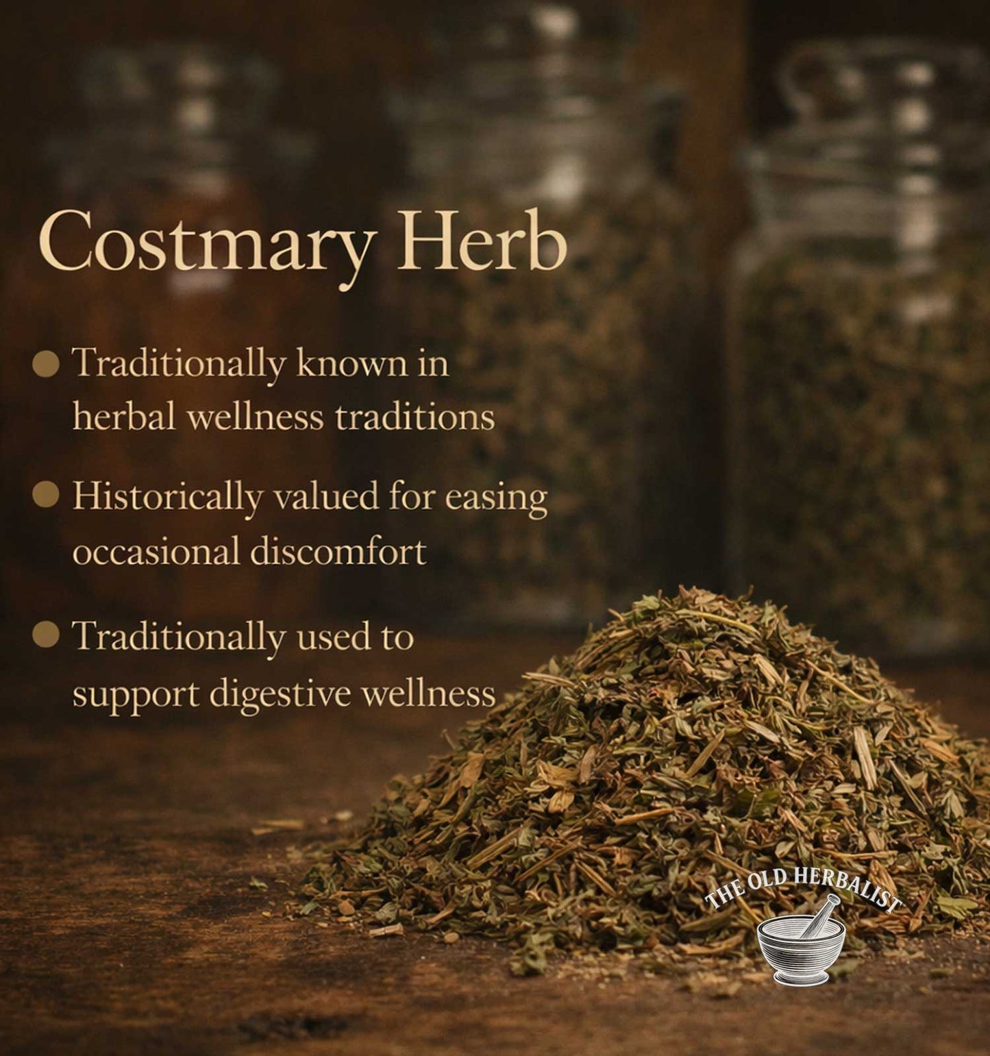 Costmary herb on a wooden surface with text about its uses and The Old Herbalist branding.