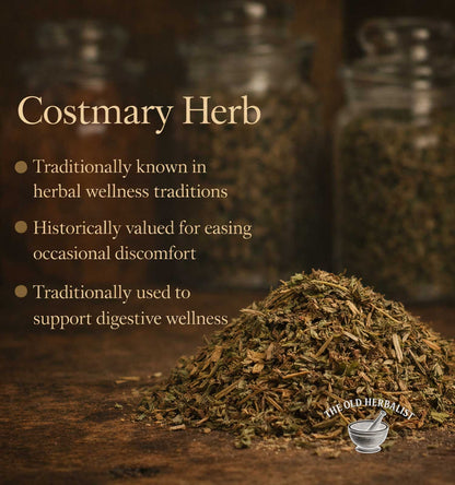 Costmary herb on a wooden surface with text about its uses and The Old Herbalist branding.