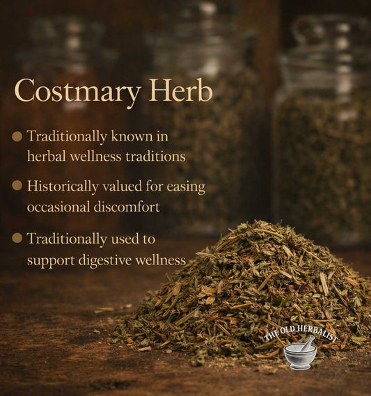 Costmary herb on a wooden surface with text about its uses and The Old Herbalist branding.