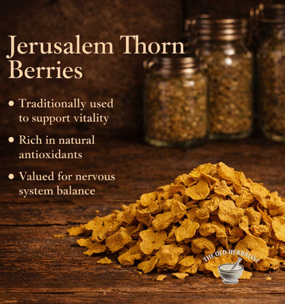 Jerusalem Thorn Berries on a wooden surface with text about their uses.