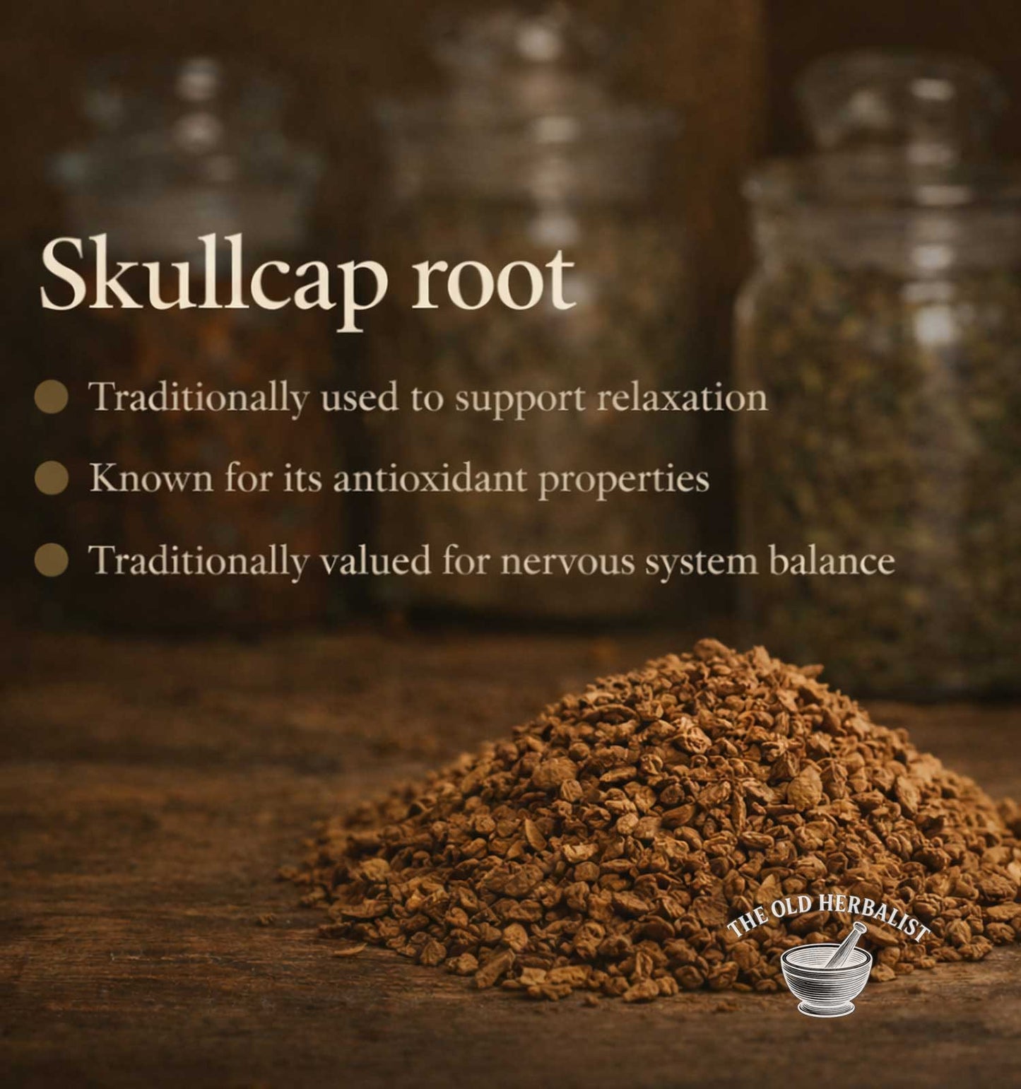 Skullcap root with text about its uses on a wooden surface, featuring jars in the background.
