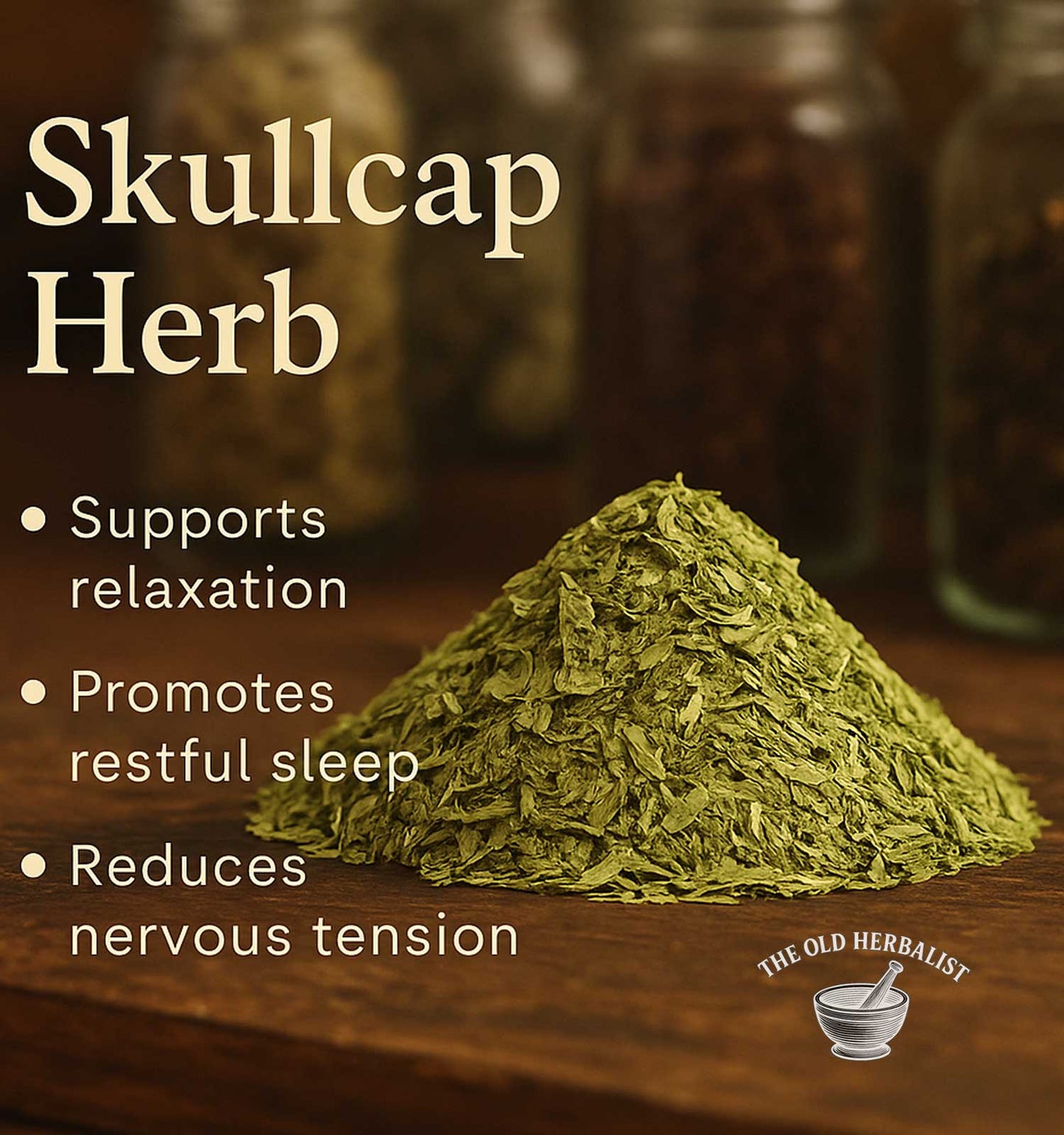 Loose dried skullcap herb for herbal tea and wellness routines