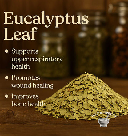 Eucalyptus leaves with benefits listed on a wooden surface, blurred jars in the background.