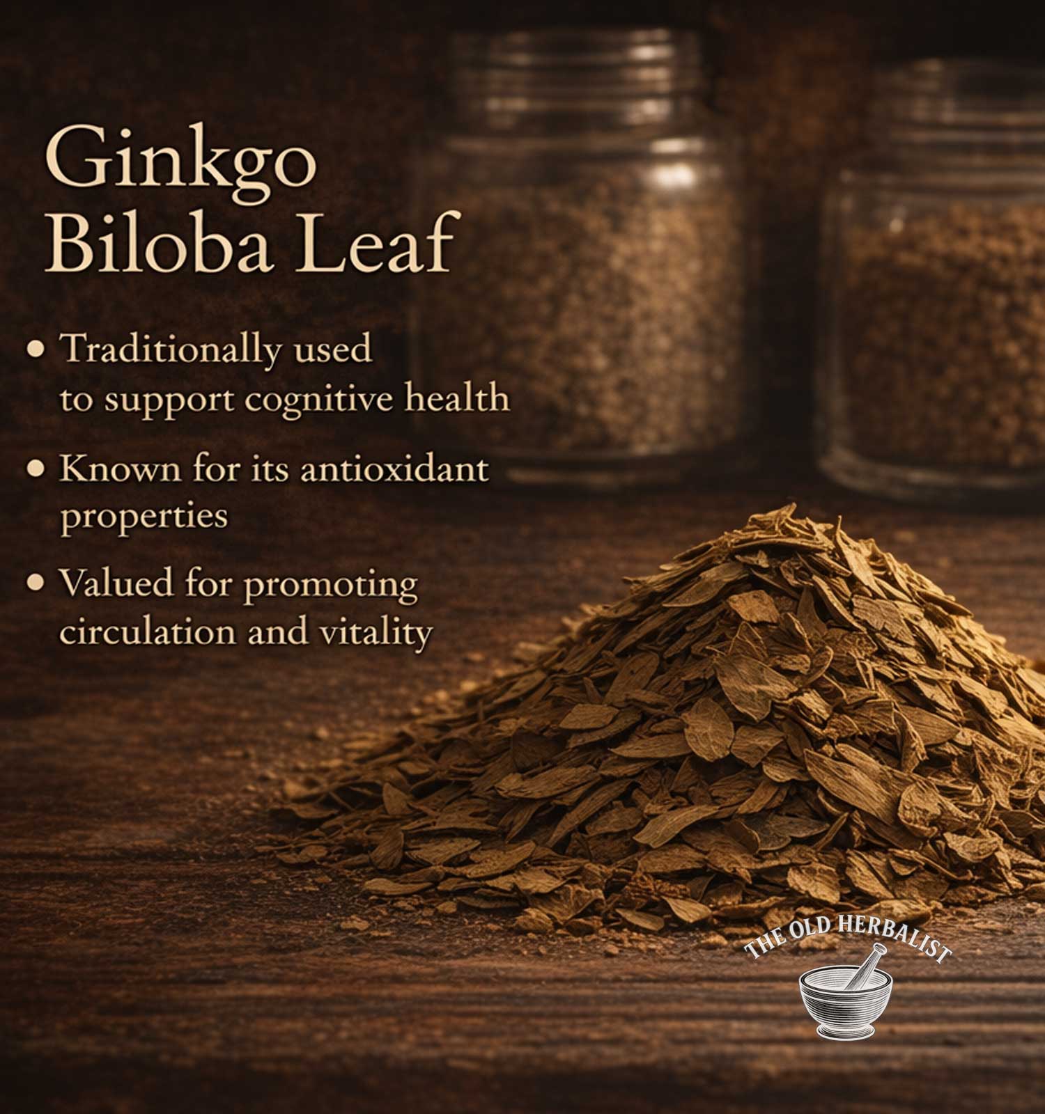 Ginkgo Biloba Leaf with text on a wooden background, featuring The Old Herbalist logo.