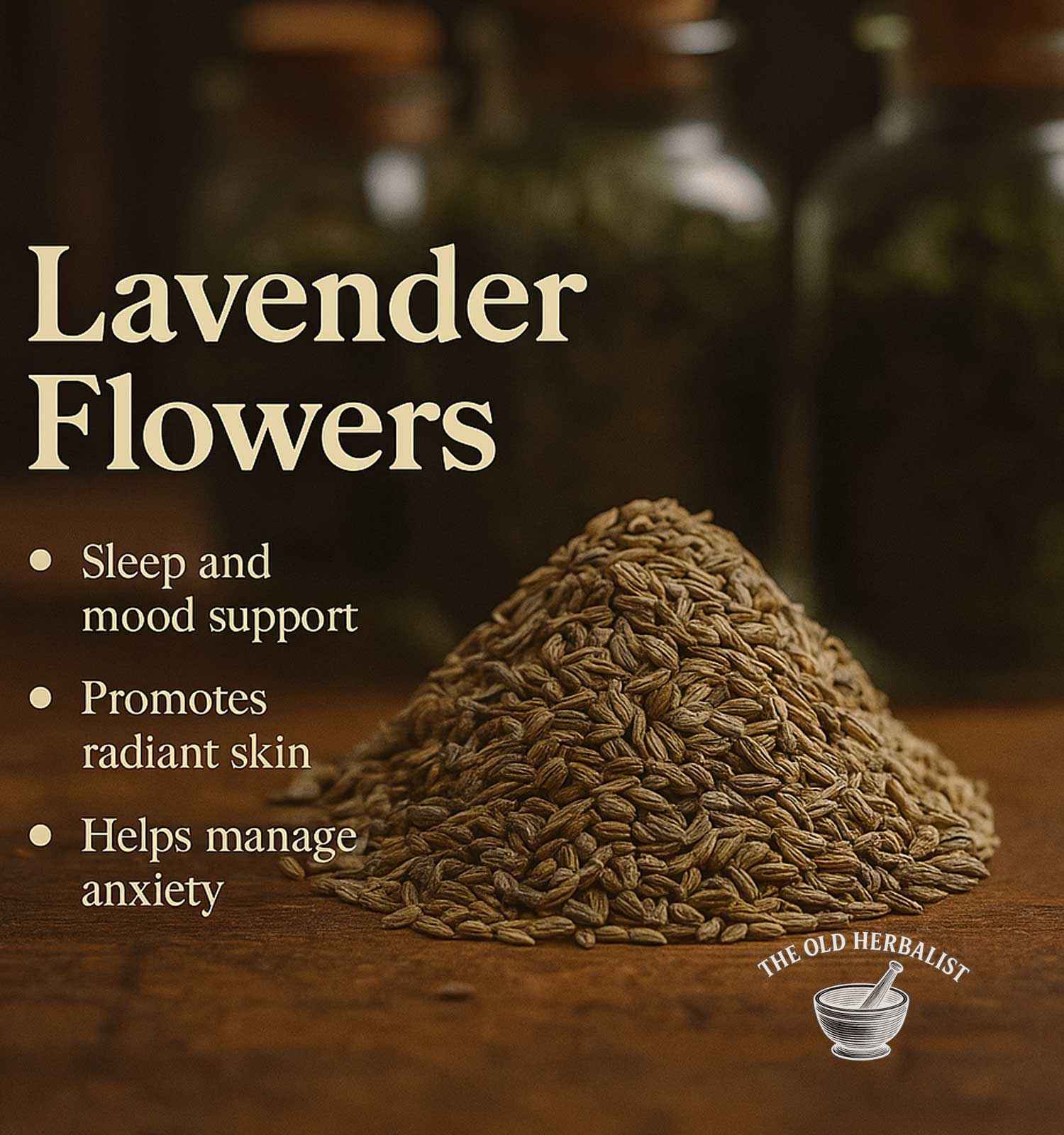 Heap of dried herbs with text about lavender flowers' benefits on a wooden surface.