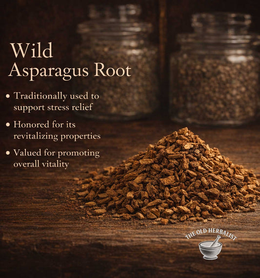 Wild Asparagus Root on a wooden surface with text about its uses and The Old Herbalist logo.
