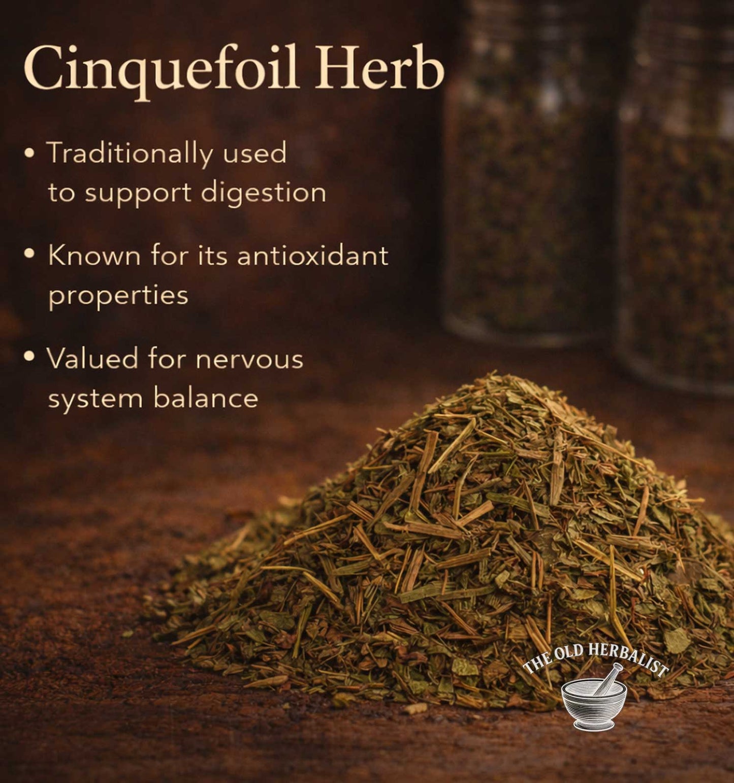 Cinquefoil herb with text about its uses on a dark background, featuring 'The Old Herbalist' logo.