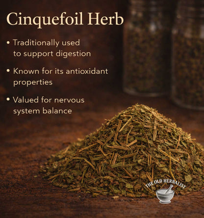 Cinquefoil herb with text about its uses on a dark background, featuring 'The Old Herbalist' logo.