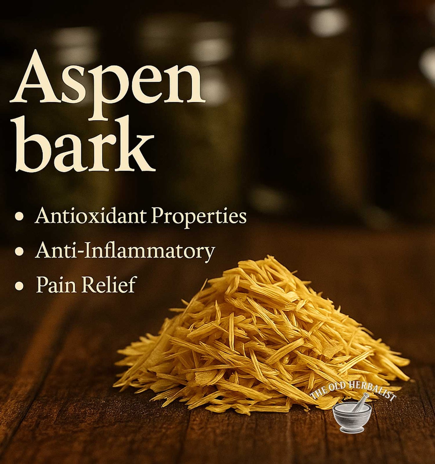 Aspen bark on a wooden surface with text highlighting its properties.