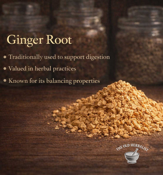 Ginger root on a wooden surface with text about its uses and The Old Herbalist branding.