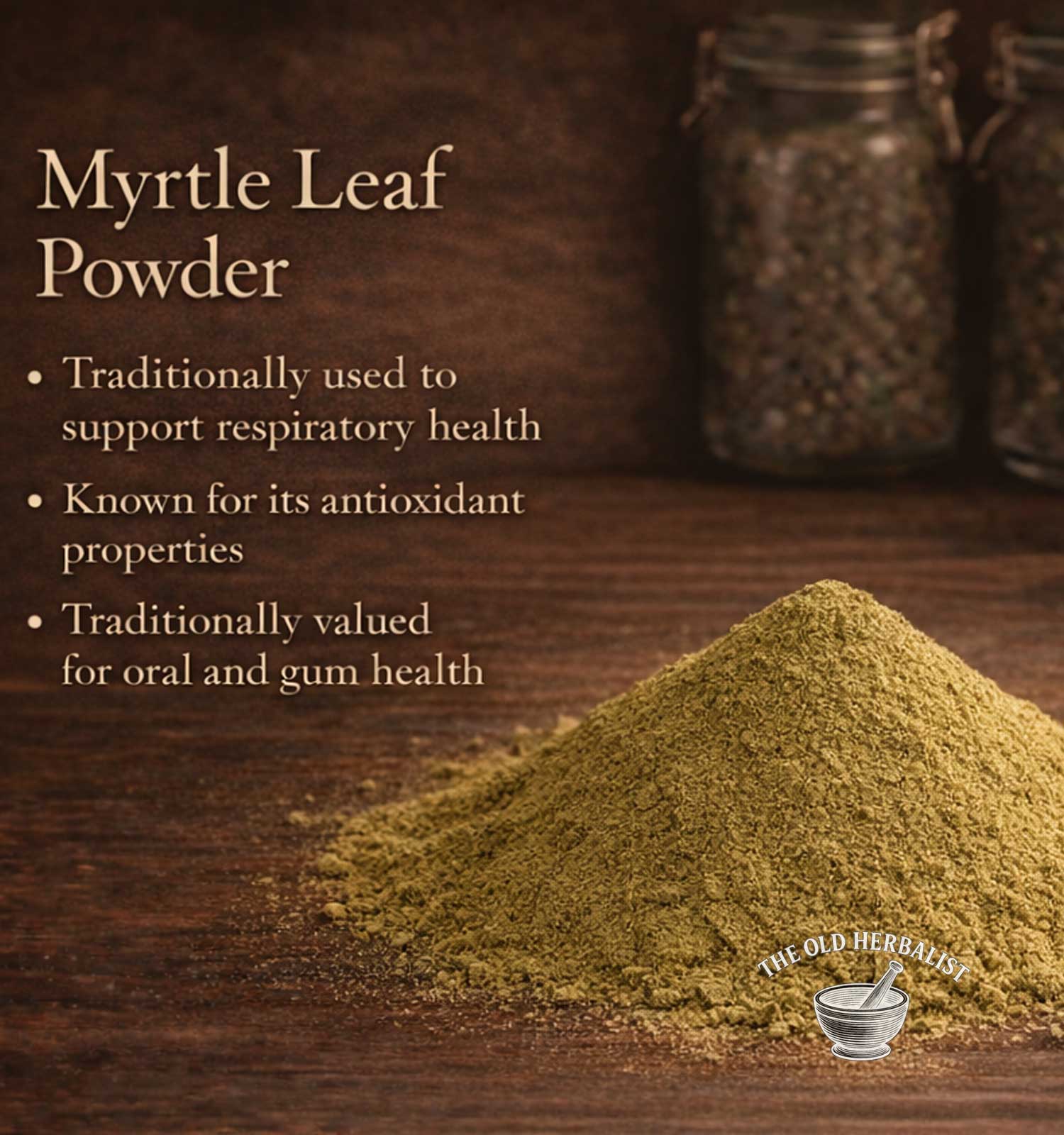 Myrtle leaf powder on a wooden surface with text about its health benefits and branding.