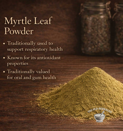 Myrtle leaf powder on a wooden surface with text about its health benefits and branding.