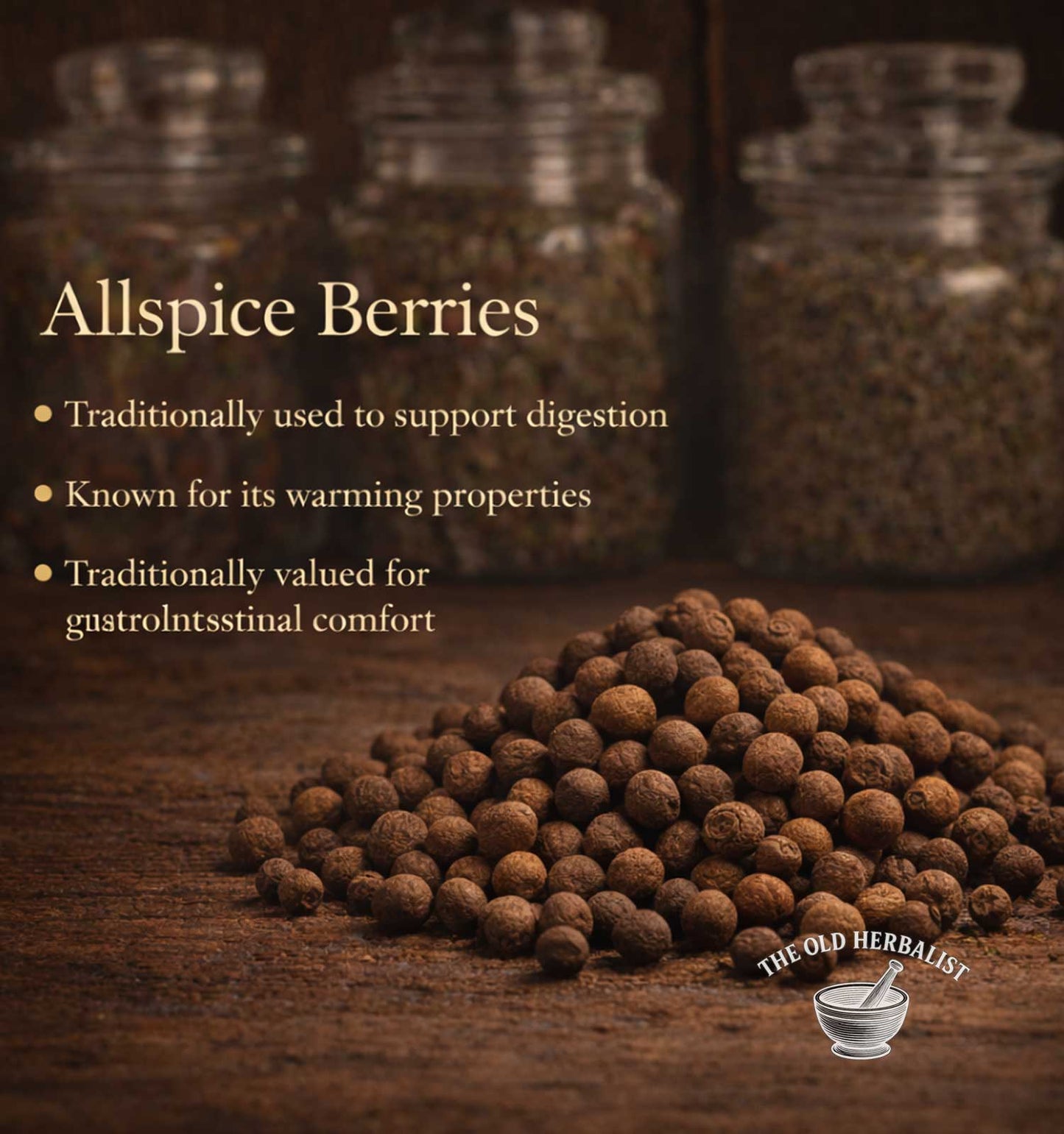 Allspice berries with text about their uses on a wooden surface, featuring The Old Herbalist logo.