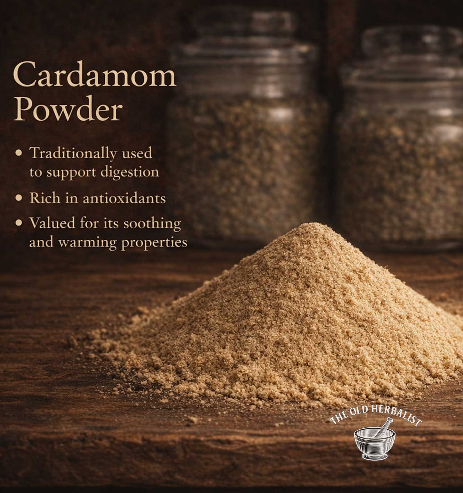 Cardamom powder on a wooden surface with text about its uses and benefits, branded as 'The Old Herbalist'.