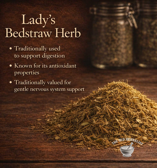 Heap of Lady's Bedstraw Herb on a wooden surface with text about its uses.