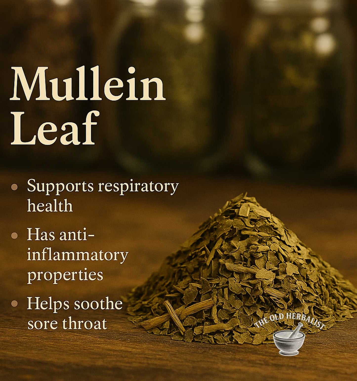 Mullein leaf with text about its health benefits on a wooden surface.