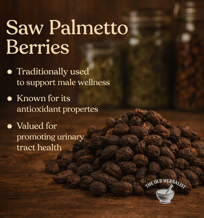 Saw palmetto berries with text about their uses on a wooden surface, featuring The Old Herbalist logo.