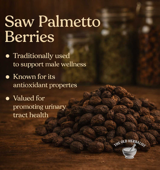 Saw palmetto berries with text about their uses on a wooden surface, featuring The Old Herbalist logo.