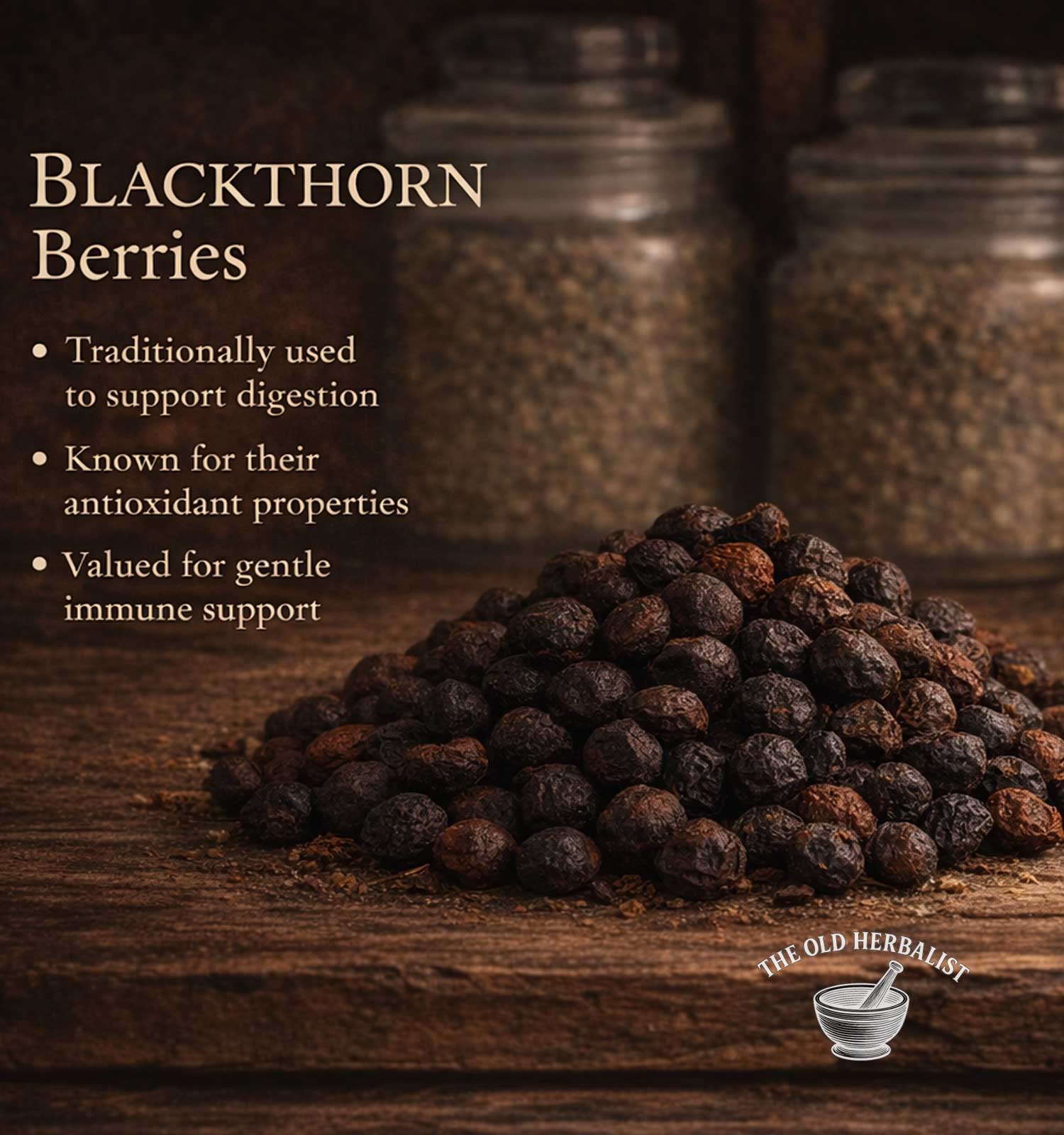 Blackthorn berries on a wooden surface with text about their uses, branded 'The Old Herbalist'.