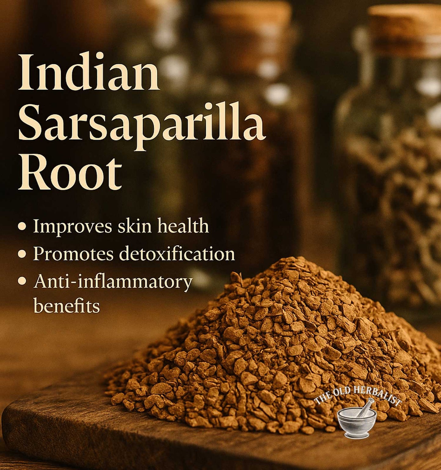 Indian Sarsaparilla Root with health benefits text on a wooden surface