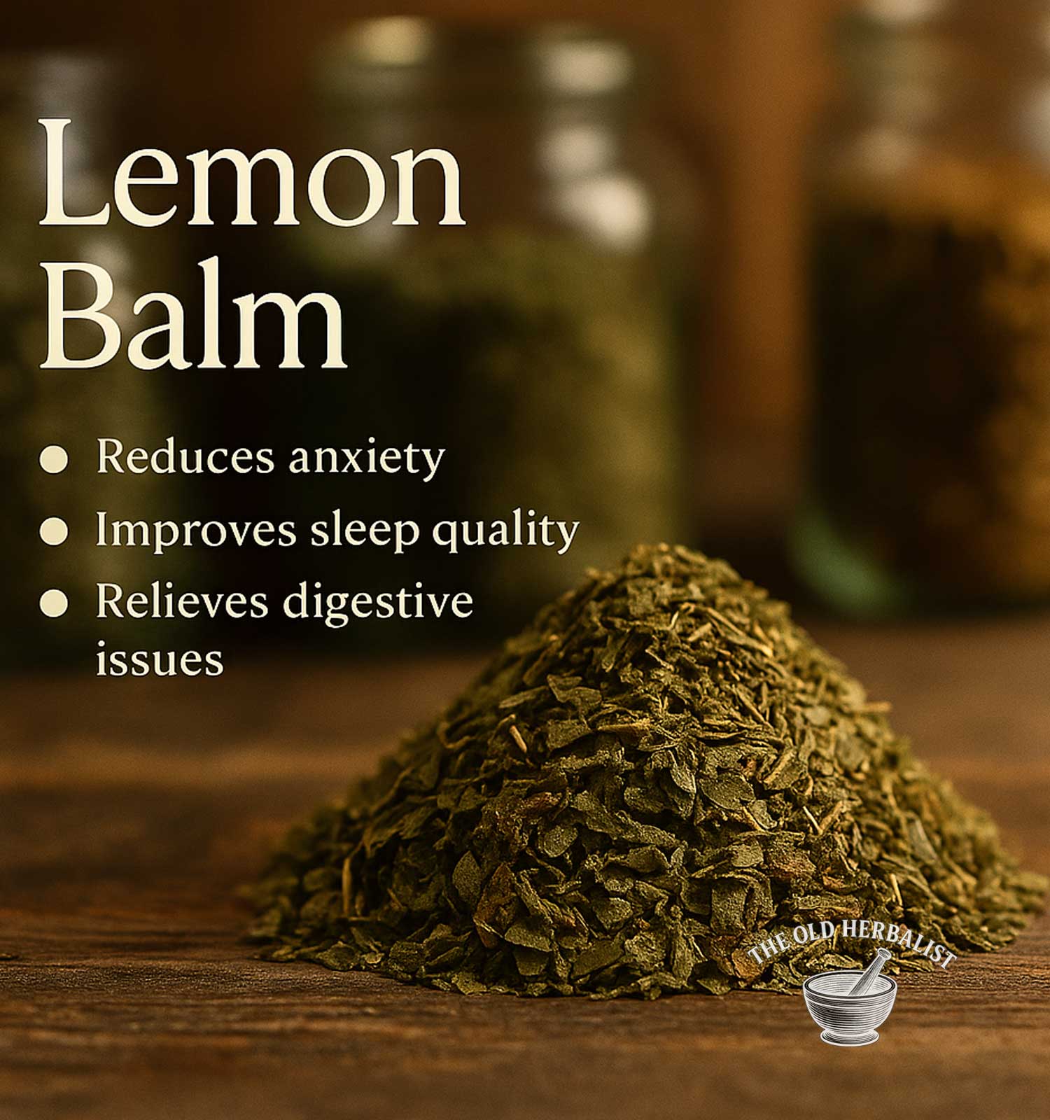 Lemon balm leaves on a wooden surface with text about its benefits and a brand logo.