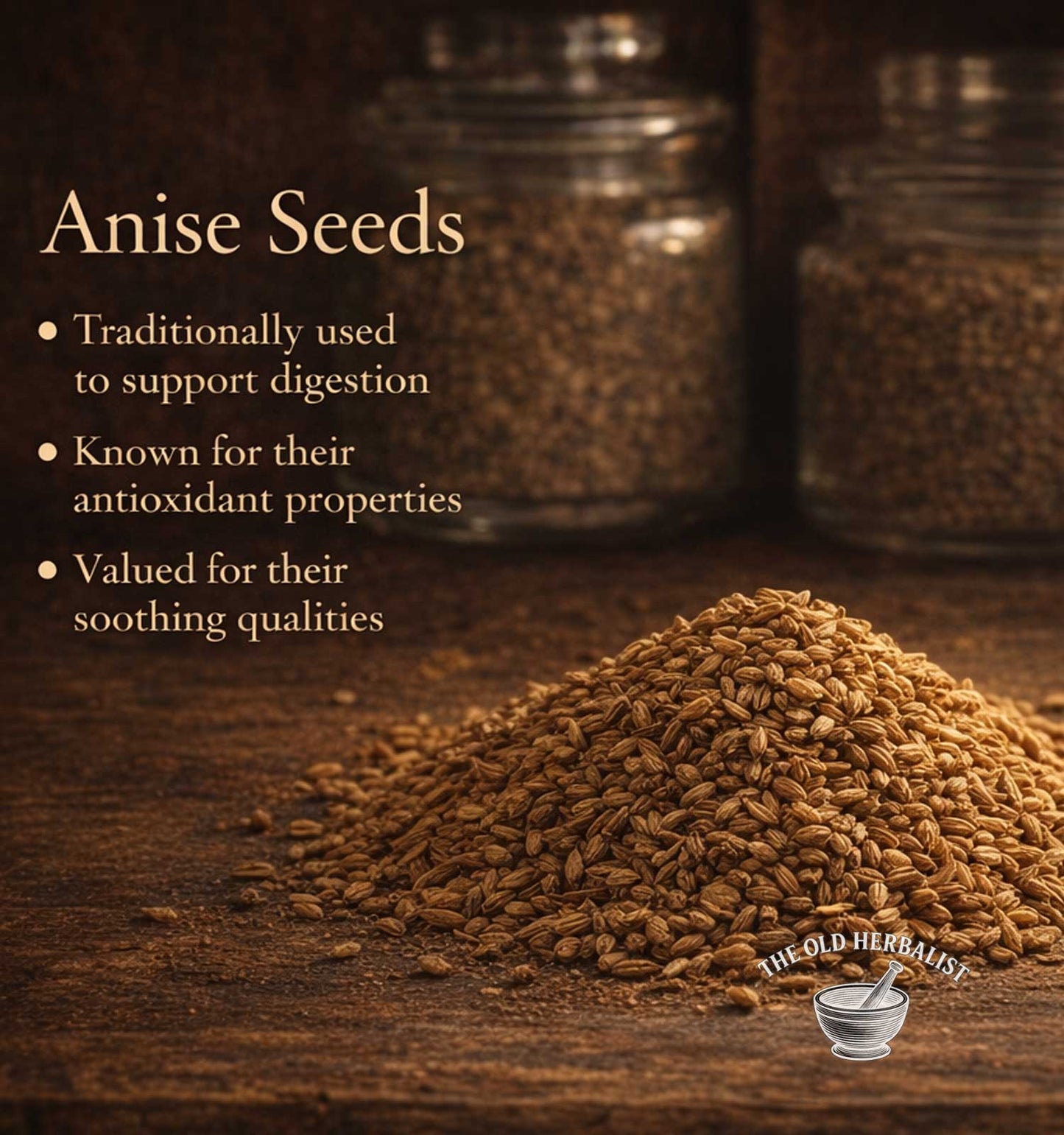 Anise seeds on a wooden surface with text about their uses, set against a dark background.