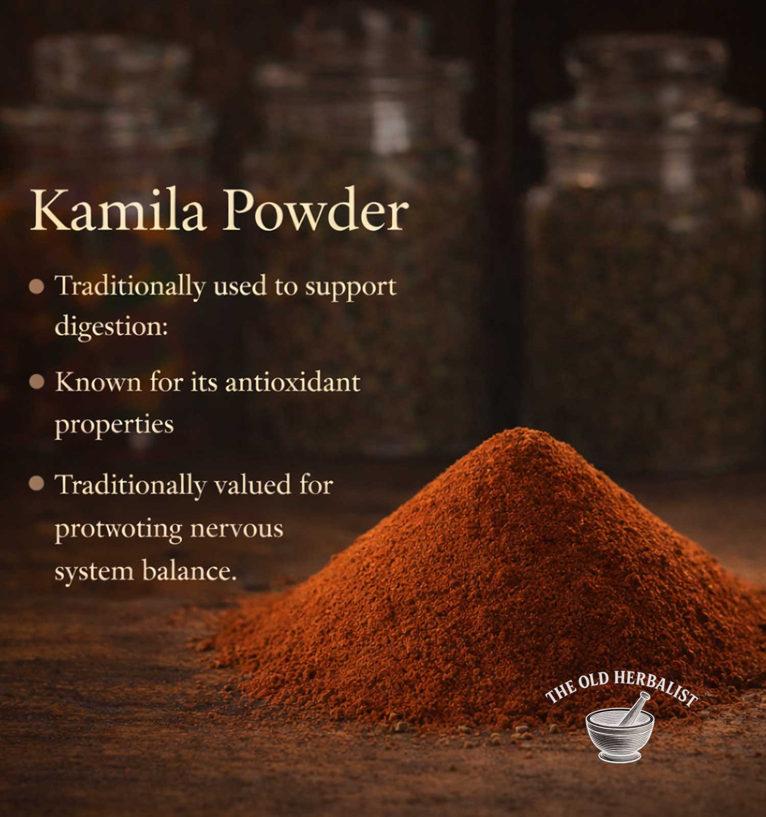 Kamila Powder with text about its uses and benefits, displayed in front of jars.