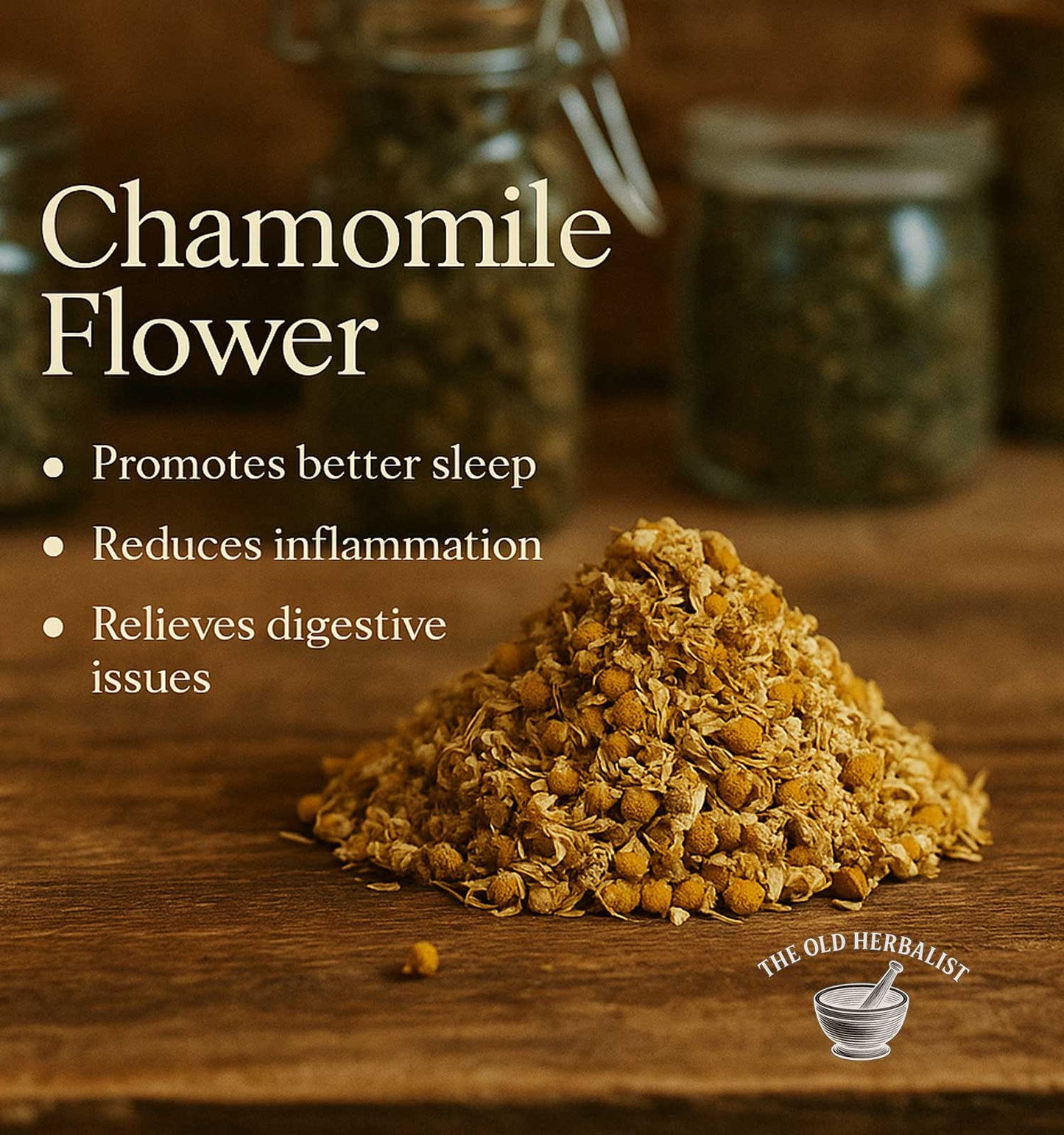 Chamomile flowers on a wooden surface with text about its benefits and branding.